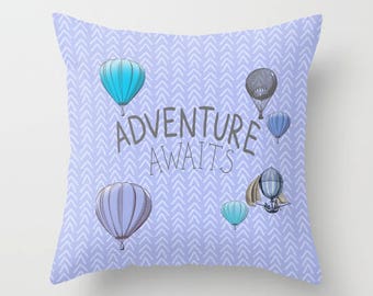 Adventure Awaits Throw Pillow , hot air balloons, travel, periwinkle blue  throw pillow, home, decor, designer