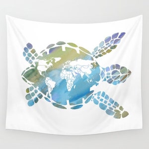 May include: A watercolor painting of a sea turtle with a world map inside its shell. The turtle is outlined in blue and green, and the world map is in shades of blue and green.