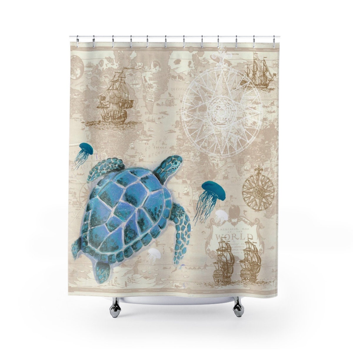 Sea Turtle Map Shower Curtain Blue, Beige, Sea Life, Ships