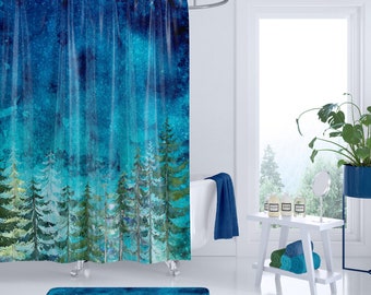 Woodland Nights Shower Curtain - Night Sky watercolor woods, stars
