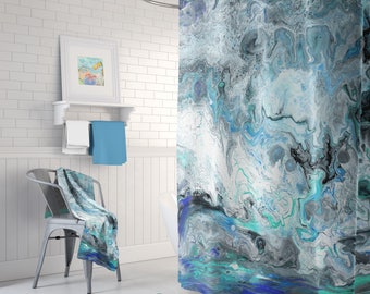 May include: A bathroom with a shower curtain featuring a blue, green, and gray abstract marble pattern. The shower curtain is hung on a silver shower rod. A white towel rack with a blue towel is on the wall. A gray metal chair with a blue and gray towel is in the corner of the room. A blue and gray bath mat is on the floor.