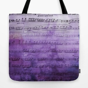 Purple sheet Music Tote Bag,  musical, singer, musician gift, notes, treble clef, travel bag, student, teacher gift, book bag