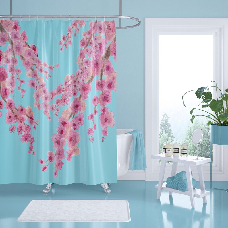 Cherry Blossom Shower Curtain: Pink & Blue Floral Fabric, Spring Bathroom Decor image 2