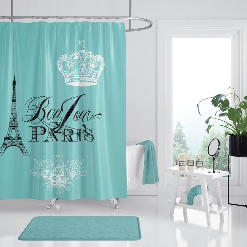 Paris France Teal Shower Curtain Chic French Crown Eiffel Etsy