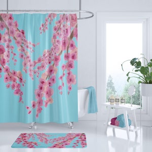 Cherry Blossom Shower Curtain: Pink & Blue Floral Fabric, Spring Bathroom Decor image 4