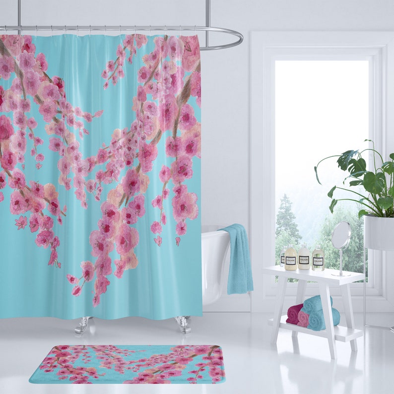 Cherry Blossom Shower Curtain: Pink & Blue Floral Fabric, Spring Bathroom Decor image 4