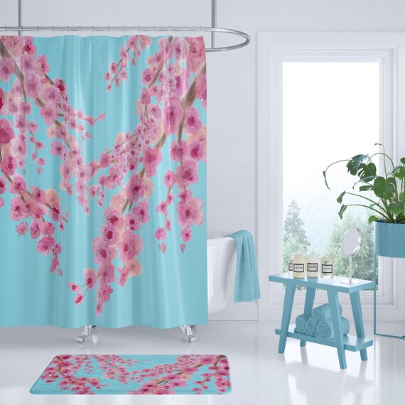 Cherry Blossom Shower Curtain: Pink & Blue Floral Fabric, Spring Bathroom Decor