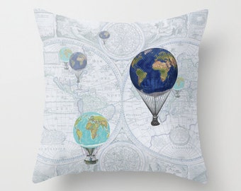 Almohada de lanzamiento de globo aerostático, viajes mundiales, mapa del mundo azul, viajes, almohada de tiro, hogar, decoración, diseñador