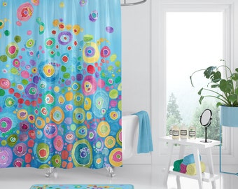 Blue Shower Curtain - fabric - inner circle blue bubbles  happy watercolor colorful