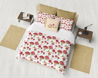 Red and White Mushroom Duvet Cover - Forest woodland, cabin, dorm room, bedroom decor