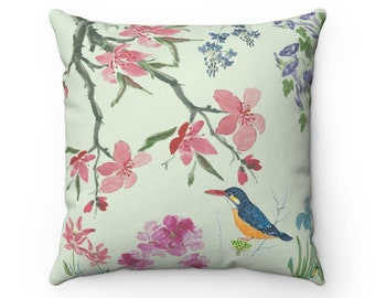 Springtime Watercolor Throw Pillow - spring decor refresh, flowers, birds