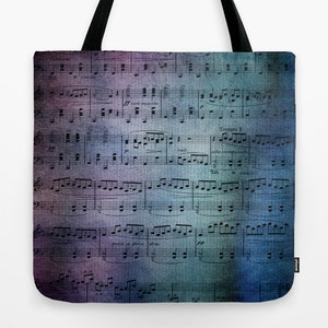 Sheet Music Tote Bag, Blue and purple musical, singer, musician gift, notes, treble clef, travel bag, student allover print accessories