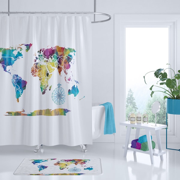 Geometric World Map with Compass Rose fabric Shower Curtains