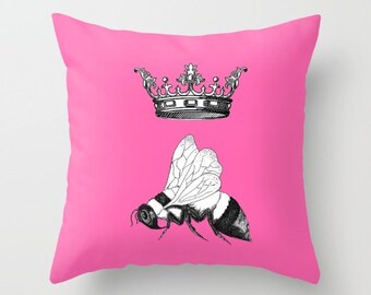 Queen Bee Throw Pillow, pink fuchsia  bold Vibrant pink and black  throw pillow, cushion, cute, sofa, bed, dorm, fall