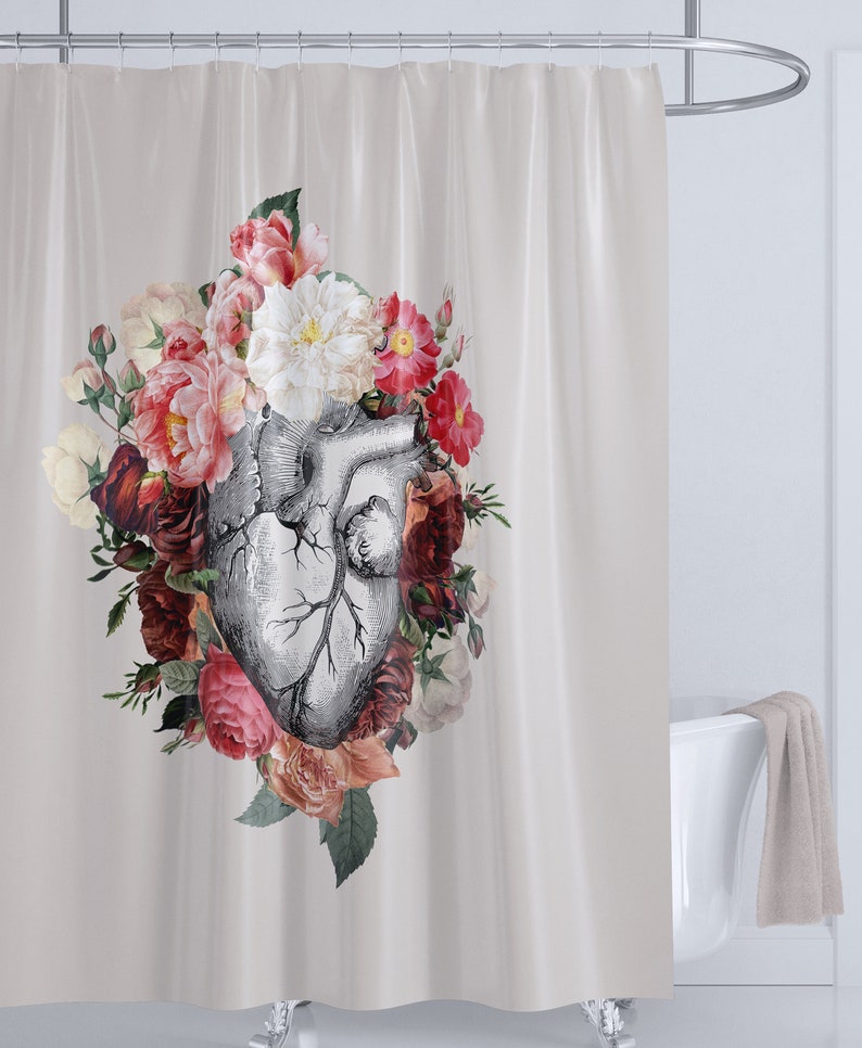 Floral Anatomy Heart Shower Curtain Illustration vintage roses, floral Heart, love, anatomical heart, life, death, dark red image 2