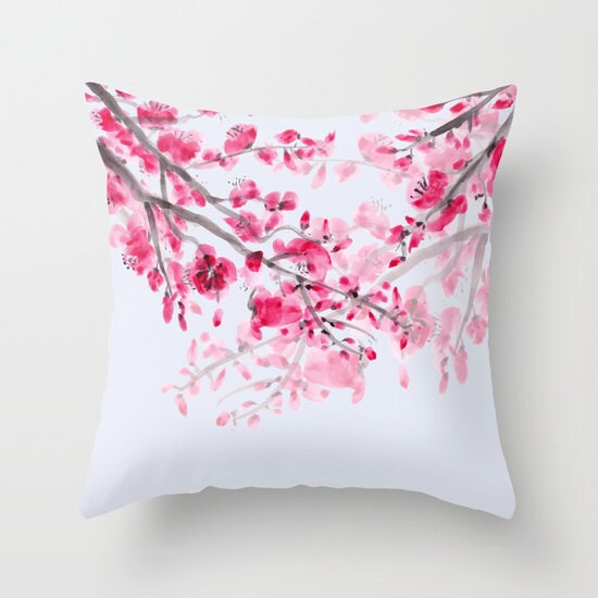 Cherry Blossom Throw Pillow watercolor flowers pink Etsy