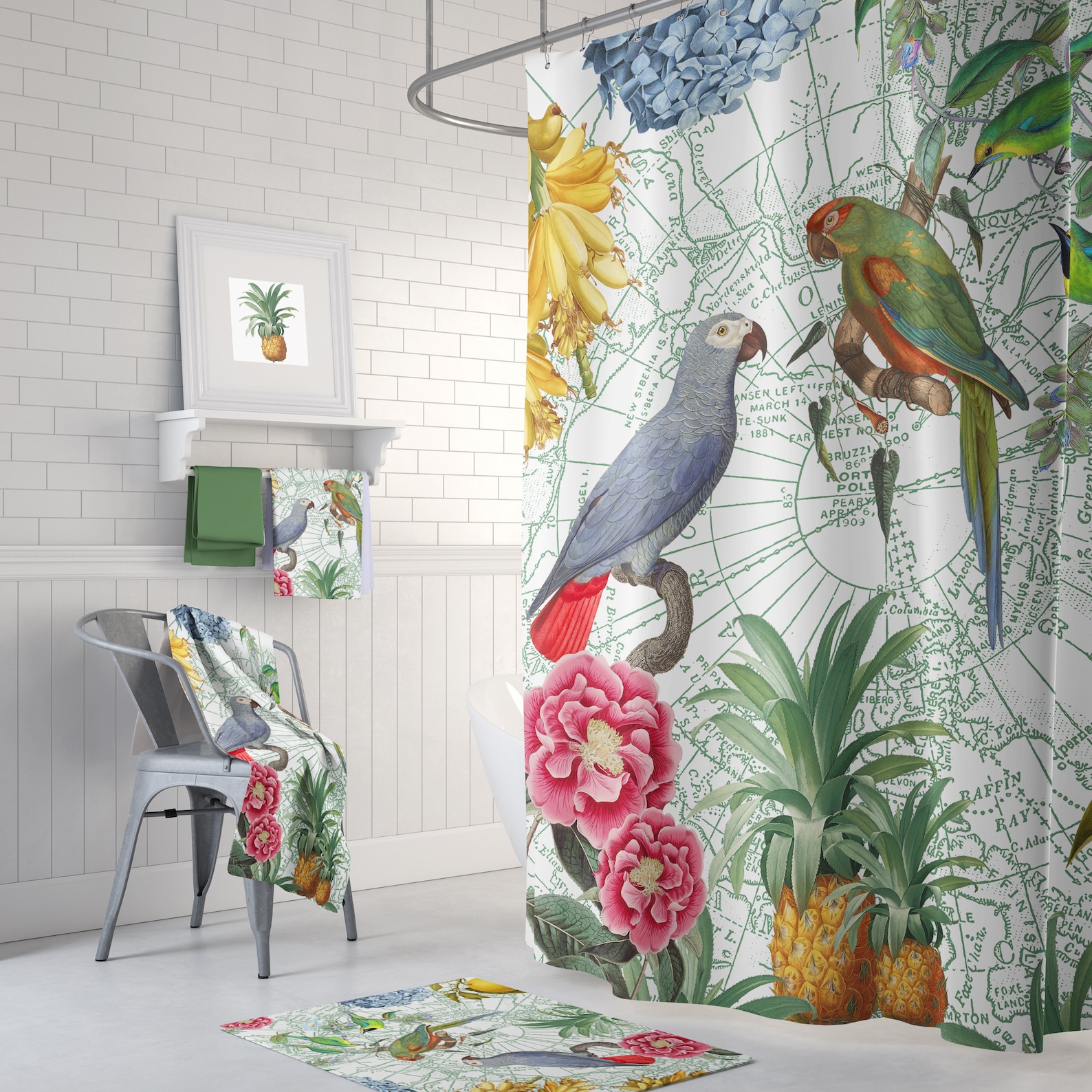 Tropical Parrot Shower Curtain Birds Flowers Fruit Etsy