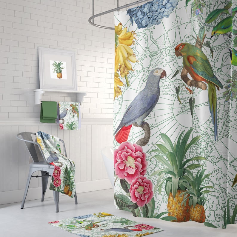 Tropical Parrot Shower Curtain Birds Flowers Fruit Etsy