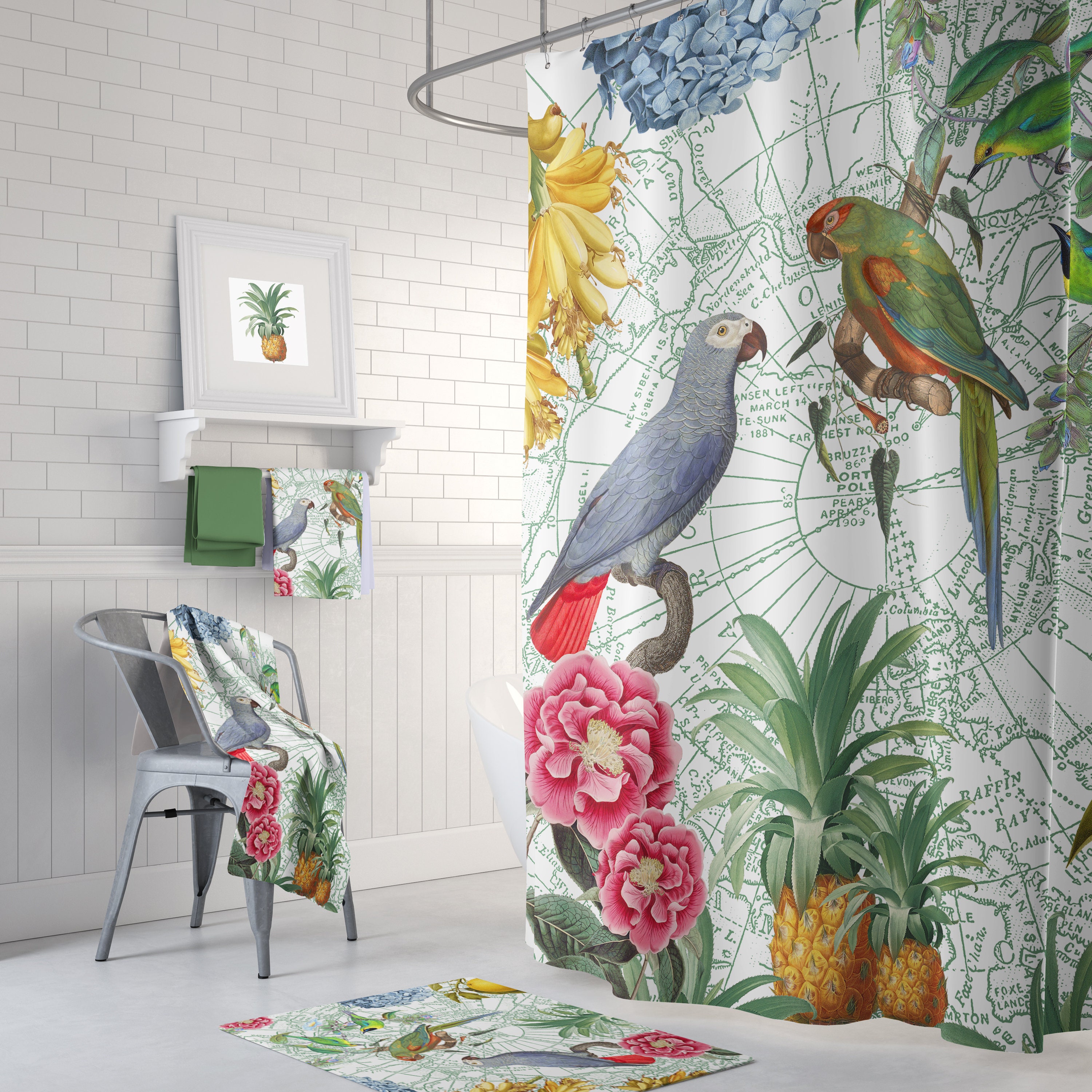 Papagei in Regenwald mit Blumen Badezimmer Duschvorhang 180cm X 200cm 