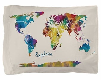 Explore Pillow Case - Colorful geometric world map, travel inspired decor,  bedroom decor, art, curate the bedroom