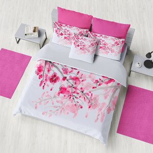 Cherry Blossom Duvet Cover or Comforter, Pink and blue duvet or comforter, feminine spring, bright,  beautiful, bedroom decor