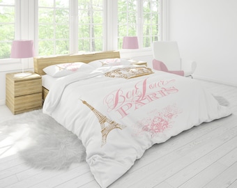 Bonjour Paris  Duvet Cover or Comforter, Pink white gold  duvet or comforter, feminine spring  beautiful, bedroom decor