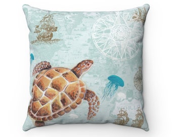 Sea Turtle Map Throw Pillow - coastal decor accent cushion, decorative