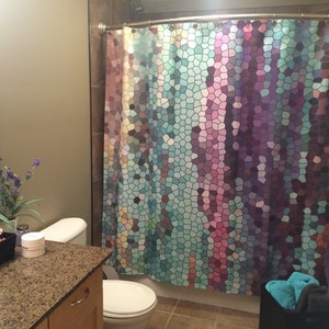 Beautiful Shower Curtain Teal and purple Mosaic, unique fabric , teal, purple, colorful, bathroom decor, art for the bathroom image 3