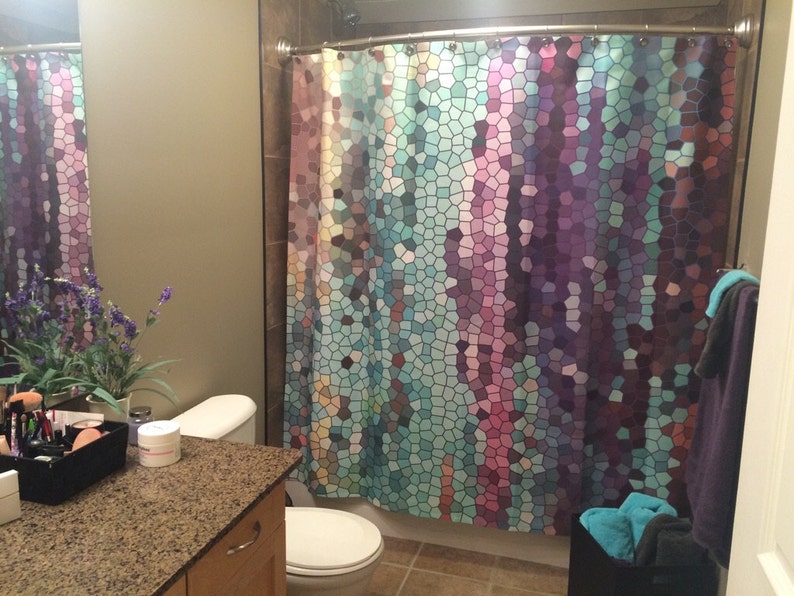 Beautiful Shower Curtain Teal and purple Mosaic, unique fabric , teal, purple, colorful, bathroom decor, art for the bathroom image 3