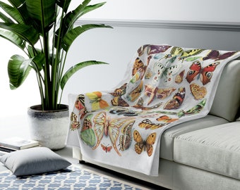 Vintage Butterflies on Light gray Blanket  - Velveteen Plush Blanket with butterfly design