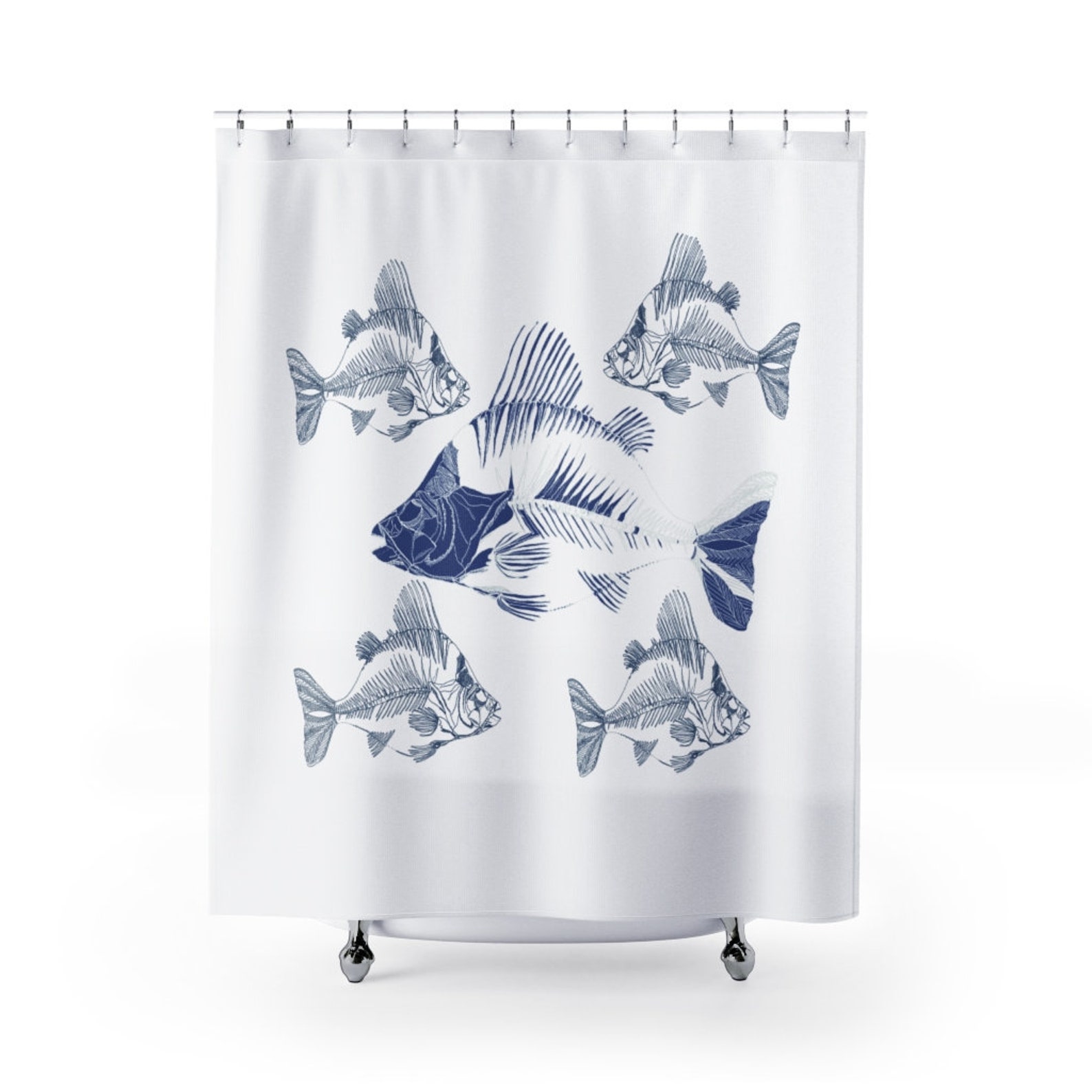 Coastal Navy Blue Fish Shower Curtain Cute Coastal Nautical Etsy