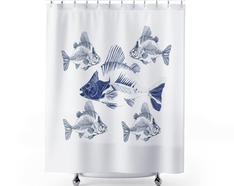 Coastal Navy Blue Fish Shower Curtain - cute coastal, nautical bathroom