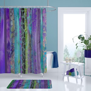 Turquoise and Purple Boho Stripe Fabric Shower Curtain - colorful maximalist
