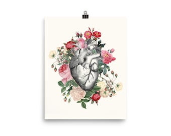 Roses for her Heart Art Print - Wall art, poster print, anatomical heart