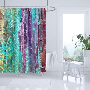 Teal and Purple Mosaic Shower Curtain Set - Morning Has Broken Abstract colorful shower curtain, shower set, extended sizes