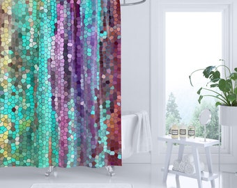 Teal Purple Mosaic Shower Curtain Set: Abstract Art Bathroom Decor