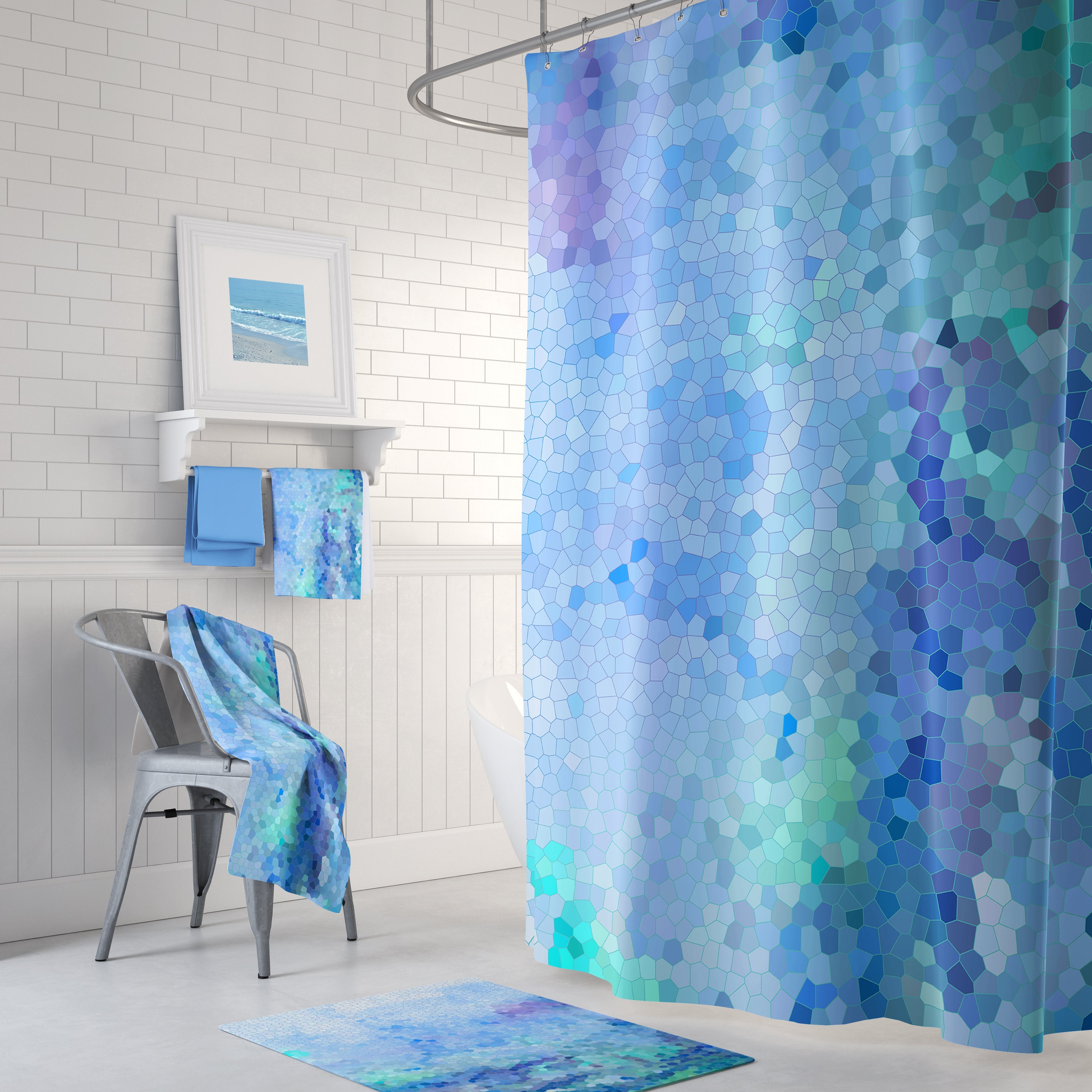 Watercolor Mosaic Pattern Shower, Coastal Shower Curtain Sets