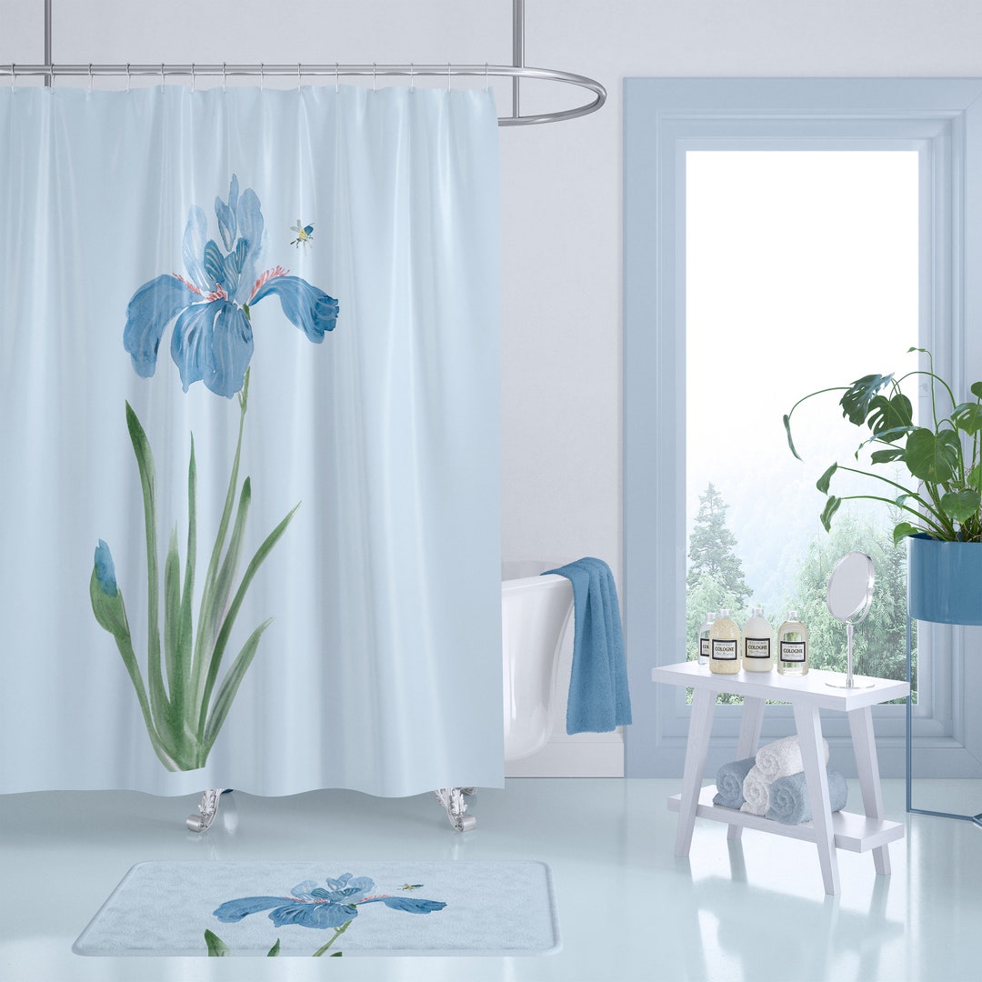 Blue Floral Watercolor Shower Curtain – Modern Fabric Bathroom Decor With Hooks, 72x72 Inches, Wrinkle-Resistant