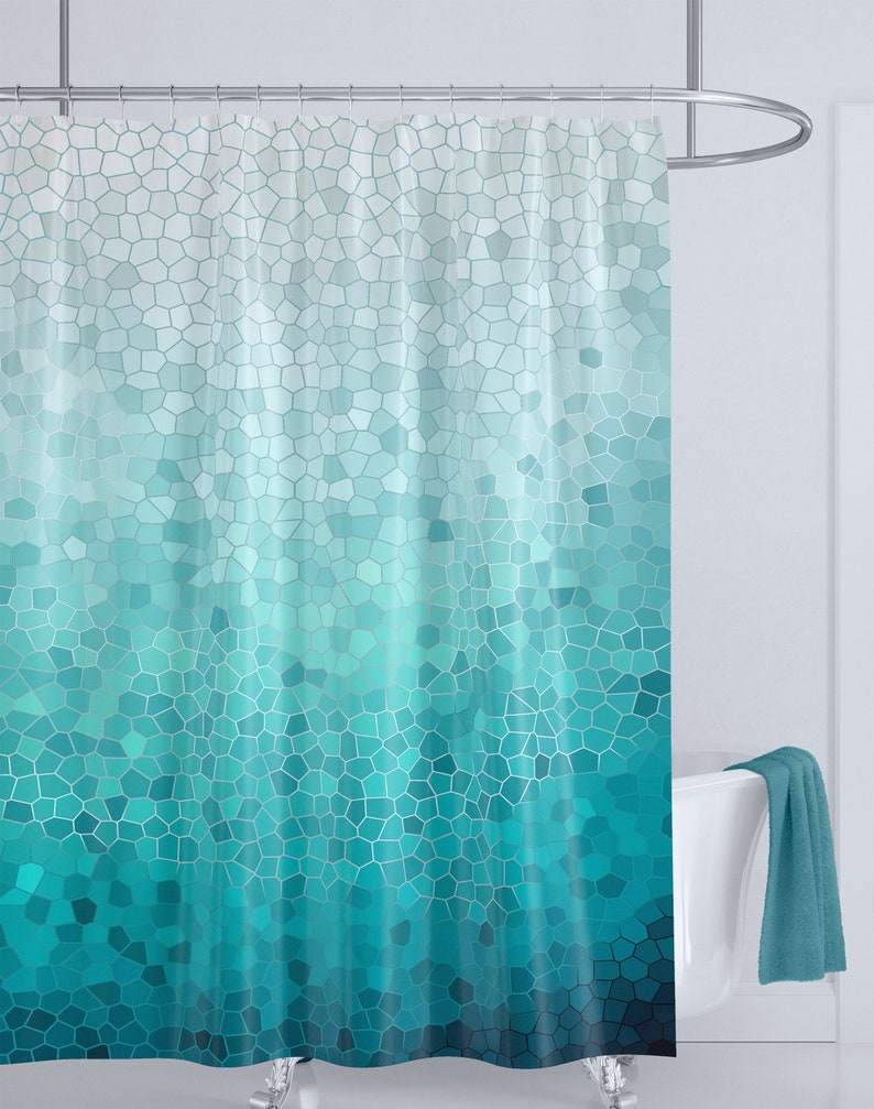 Sea Foam Shower Curtain Coastal Mosaic, fabric, aqua ocean, waves, shore, sea, art, coastal decor, bath, home image 3