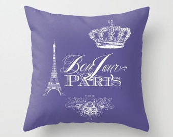 Purple Paris pillow, Bonjour Paris,  purple and white throw pillow, rectangle,  Eiffel Tower, girlie, crown, home, decor, designer