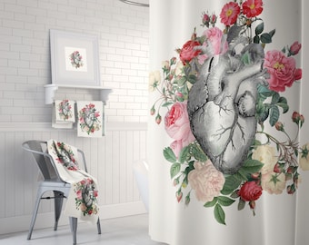 Floral Heart Shower Curtain "Rose for her Heart" Illustration - vintage roses, floral Heart, love, anatomical heart, vintage chic, beautiful