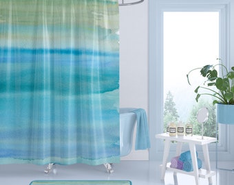 Blue Green Misty Watercolor Shower Curtain -  shoreline, unique, coastal, clean, blue bathroom decor, home, fine art