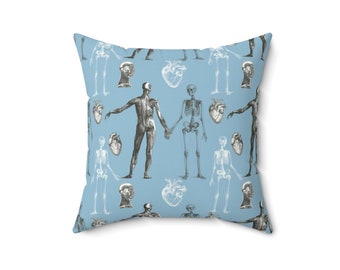 Anatomy and Physiology - Faux Suede Square Pillow - blue and white with floral backing