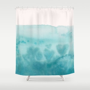Teal Aqua Watercolor Shower Curtain - Waves of Love , unique, hearts, dip dye look , ocean, coastal,  painted, colorful, decor, home