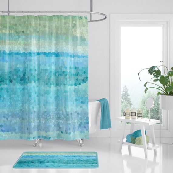 Watercolor Mosaic Shower Curtain Misty Watercolor Ocean Aqua Blue