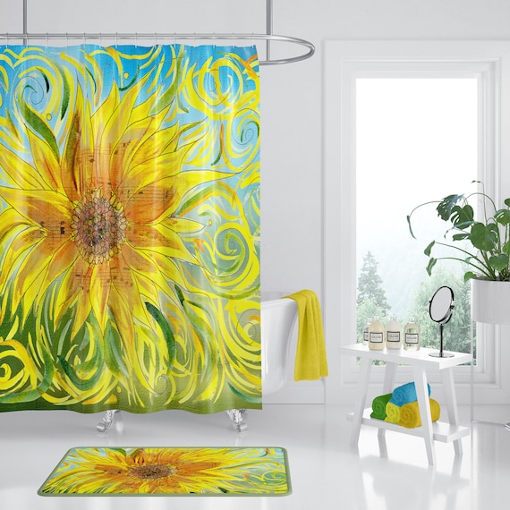 Sunflower Shower Curtain Sunny Vibrant Fabric Sunflower Shower Curtain Sunny Vibrant, Sunflower Shower Curtains And Accessories