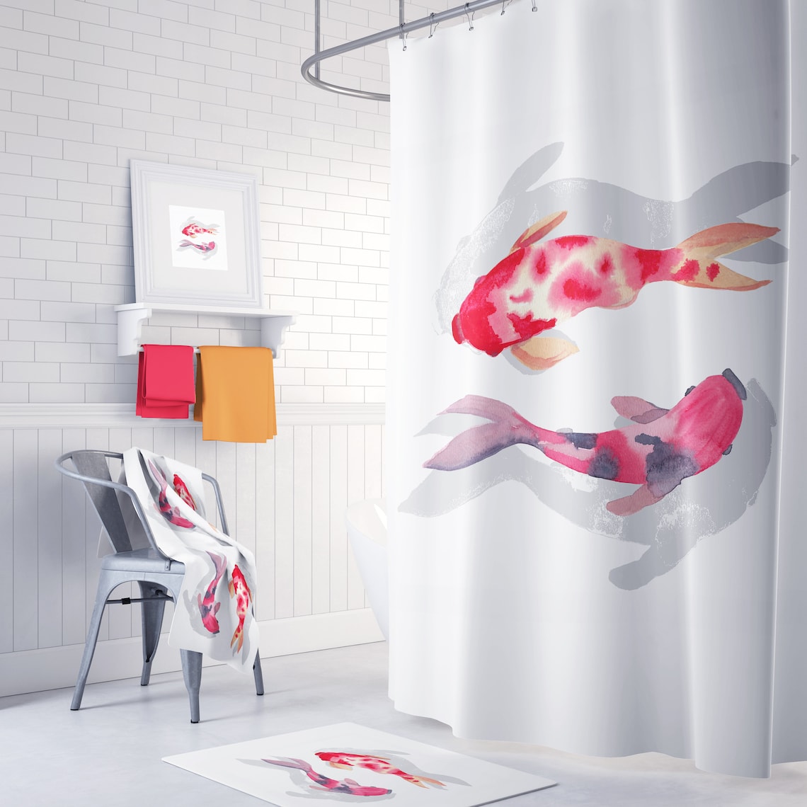 Two Koi Shower Curtain Set Koi Pond Watercolor on White Etsy