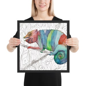 Chameleon Art Print - Framed - colorful &quot;Chameleon Fail&quot; rainbow chameleon with black and white