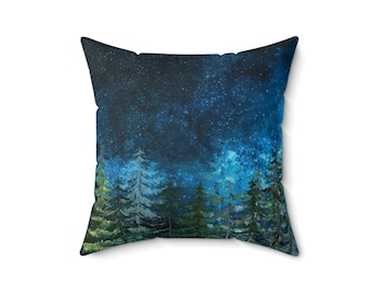 Dark Woodland Nights with Stars - Faux Suede Square Pillow - cozy