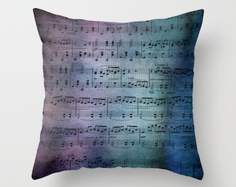 Sheet Music Throw Pillow, beautiful music, deep blue,  colorful, modern, jewel tones, decor, pillows, cushions, throw pillow